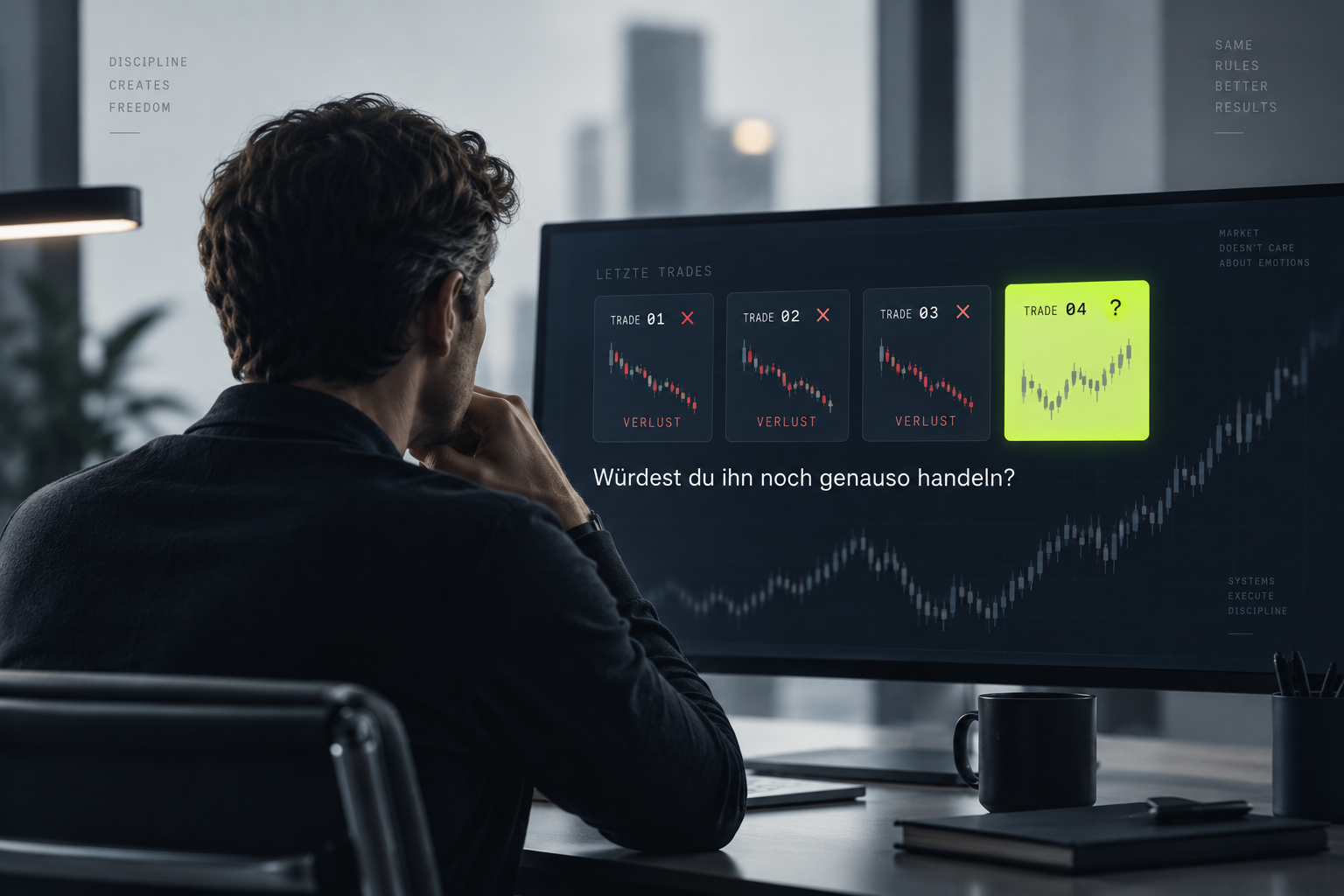 Nachdenklicher Trader vor vier aufeinanderfolgenden Trades